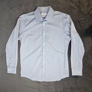 Calvin Klein Mens Non Iron Pinstripe Dress Shirt Light Blue White Size M Stretch